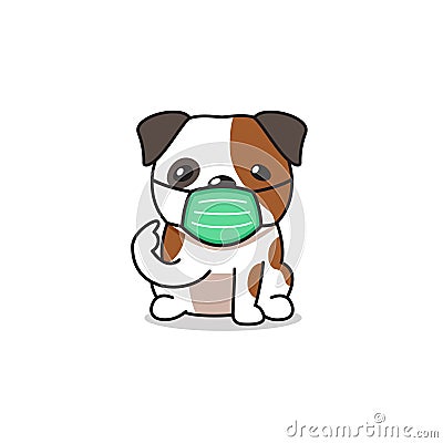 Cartoon character bulldog wearing protective face mask Vector Illustration