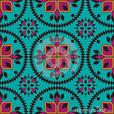Seamless Mandala Design Pattern in Teal, Orange and Pink Vector Illustration