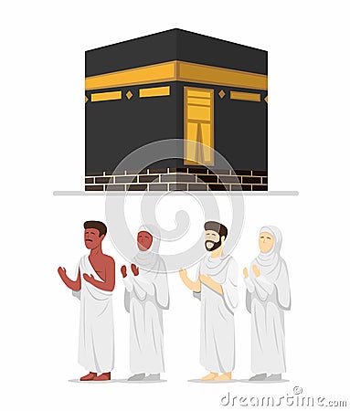 Muslim people wearing ihram hajj with kabah building in cartoon flat illustration vector isolated in white background Vector Illustration