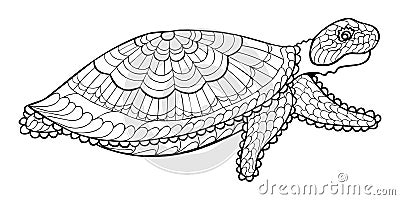 Patterned sea turtle in zentangle style. Isolated black and white doodle aquatic animal for book or coloring page, tattoo, mehendi Vector Illustration