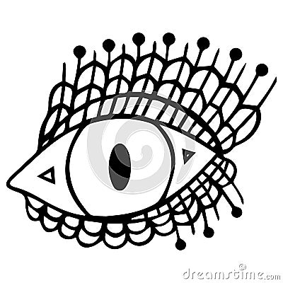 Magic eye with lace and beads on the eyelashes, triangles inside. Elegant black and white mystical vector engraving. Vector Illustration