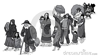 Group of reffugees traveling running away from war or famine Vector Illustration