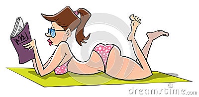 Attractive young lady on the beach reading a book while sun bathing Vector Illustration