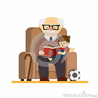 Grandparent day, granpa sit in sofa and reading story book to grandchildren. in cartoon flat illustration vector isolated in white Vector Illustration