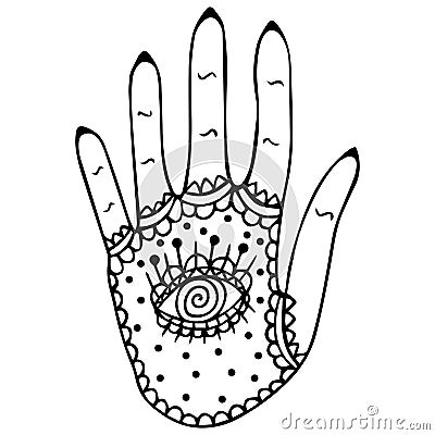 Vintage hand-drawn black and white stylized hand with an all-seeing eye in the center of the palm. Sketch of an amulet and a talis Vector Illustration