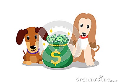 Vector cartoon character afghan hound and dachshund dog with money bag Vector Illustration
