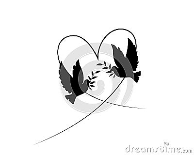 Two doves silhouettes, vector. Flying doves in shape of a heart, illustration. Flying birds and holding branch isolated Vector Illustration