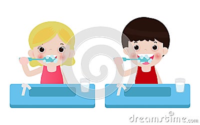 Little boy and girl brushing teeth, Happy Kids Holding Toothbrush Brushing their Teeth. Vector Illustration on white background. Vector Illustration
