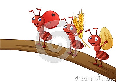 Ant cartoon carrying fruit, oats, and seeds on tree trunk Vector Illustration