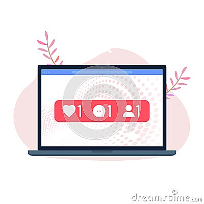 Social media icons, Like, comment, follow, Notifications. Social networking using laptop Vector Illustration