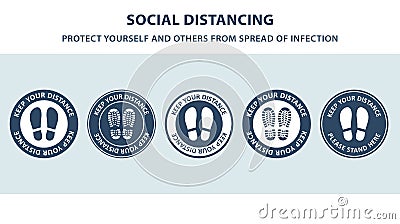 Social distancing concept set of vector of footprint sign red color with text keep your distance for print floor. Protection from Vector Illustration