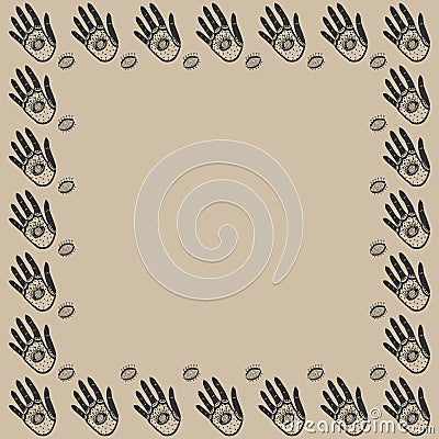 Elegant square frame of black ornamental hands with all-seeing eyes with spirals in the pupils inside the palms and the outside on Vector Illustration