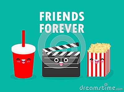 Cute cartoon funny Movie clapper and cola and popcorn, watching a movie, cinema, movies, friends forever Vector Illustration Vector Illustration
