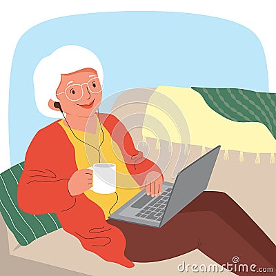 Senior woman relaxing with her laptop Vector Illustration