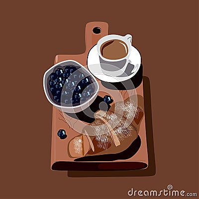 Breakfast foods icon. Croissant, coffee and berries on a wooden board Stock Photo