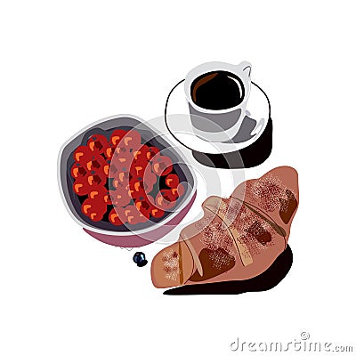 Breakfast foods icon. Croissant, coffee and berries Stock Photo