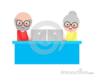 Elderly, old people, senior couple people with laptop and tablet pc, stay at home, chatting on computer with grandchildren Vector Illustration