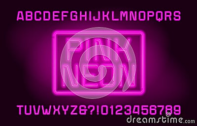 Pink Neon alphabet font. Vivid neon color letters and numbers. Vector Illustration