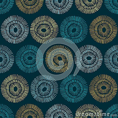 Seamless African Line Circles in Blue and Gold Vector Illustration