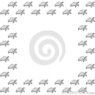 Square frame of black outline hand-drawn stylized turtles with zentangle ornament on a white background. Isolated template from re Vector Illustration