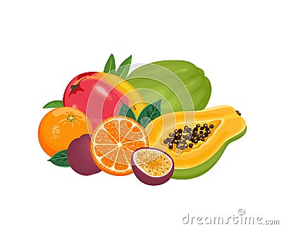 Pile of tropical fruits isolated on white background. Vector illustration of papaya, orange, passion fruit, mango Vector Illustration