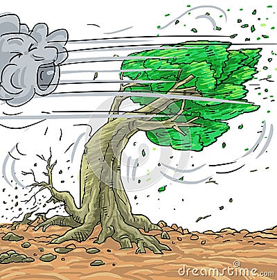 Illustration strong winds collapse the tree . Wind Blowing Leaves Off Tree. Vector Illustration