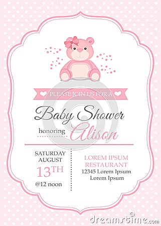 Girl baby shower invitation with pink bear Vector Illustration