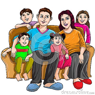 Illustration Happy family with four children in the house Vector Illustration