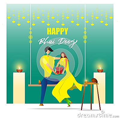 Vector design of Indian siblings celebrating Happy Bhai Dooj Vector Illustration