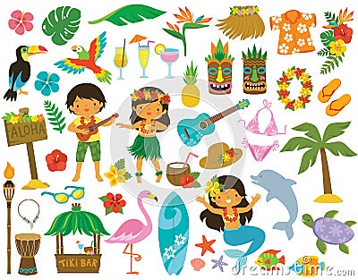 Hawaii Tropical Clipart set with kids Vector Illustration