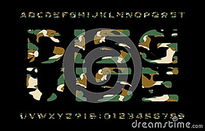 Disguise alphabet font. Camouflage letters and numbers on a dark background. Vector Illustration