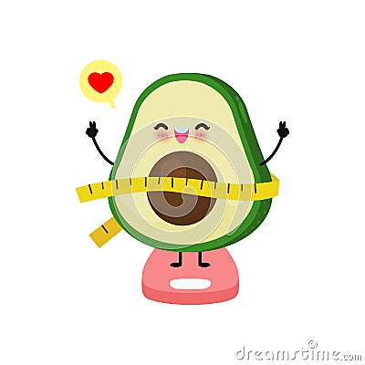 Cartoon cute avocado happy loss weight on weighing scales, Scales for measuring obesity, Concept with Eating healthy food Vector Illustration