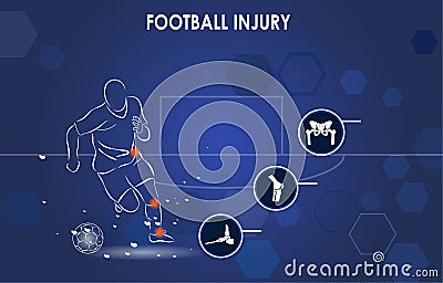 Medical infographic orthopedic. Human silhouette in football motion injury of pelvic, knee and foot. Vector Illustration