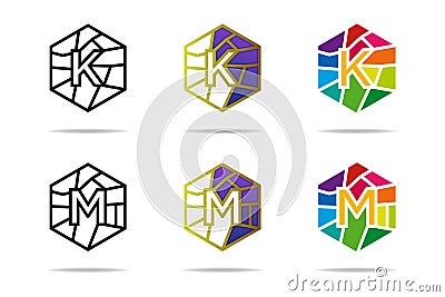 Polygonal letter k and lettern m logo design template. Vector Illustration