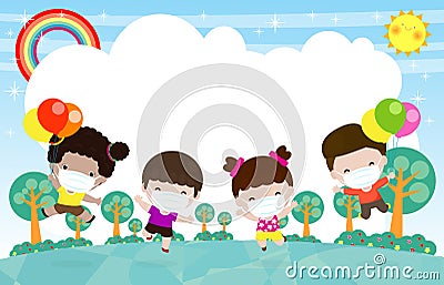 Happy Kids Holding balloon jumping at the meadow, children playing Running together, child wear face mask protect corona virus Vector Illustration