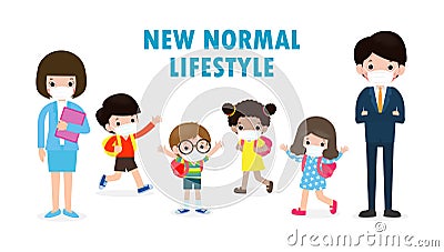 Back to school for new normal lifestyle concept. happy students kids and teachers wearing face mask protect corona virus Vector Illustration