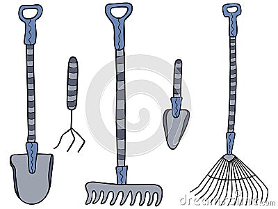 Hand-drawn set of garden tools. Collection of rakes, shovels, pitchforks and trowels on a white background. Isolated clipart. Vector Illustration