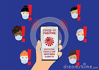 Hand holding a smartphone displaying a covid-19 coronavirus contact tracing app vector Vector Illustration