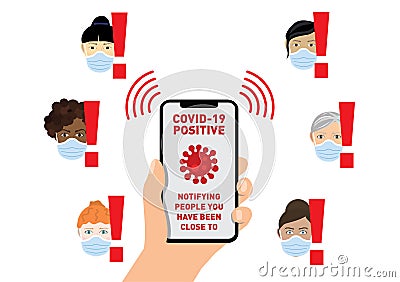 Hand holding a smartphone displaying a covid-19 coronavirus contact tracing app vector Vector Illustration