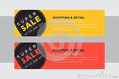 Super sale horizontal banner set. Black friday sale sticker on yellow and red background Vector Illustration