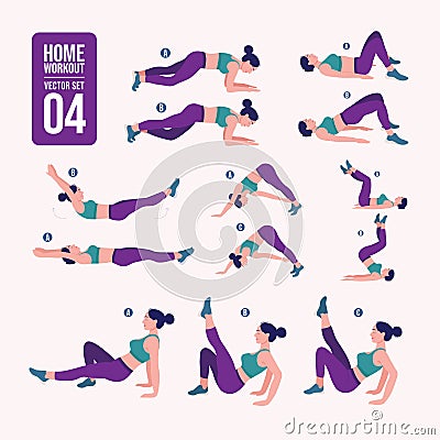 Home workout set. Set of sport exercises. Exercises with free weight.Illustration of an active lifestyle. Woman doing fitness and Vector Illustration