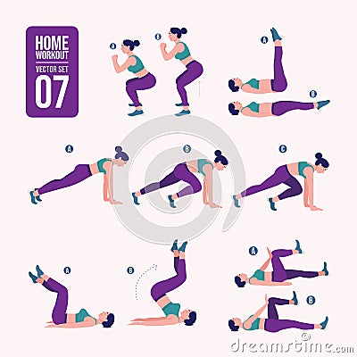 Home workout set. Set of sport exercises. Exercises with free weight.Illustration of an active lifestyle. Woman doing fitness and Vector Illustration