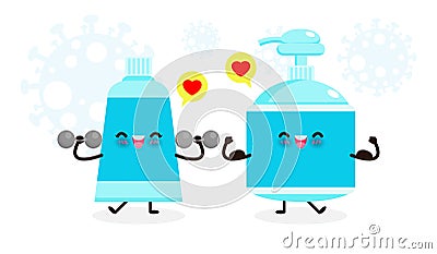 Cute happy Alcohol gel exercises with dumbbells and strong Hand wash gel show muscle. Protection Against coronavirus 2019-nCoV Vector Illustration