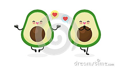 Cute cartoon Avocado in yoga pose, Eating healthy food and fitness, Funny fruit character happy strong avocado meditate in yoga Vector Illustration
