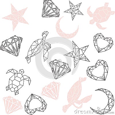 Print Vector abstract polygonal geometric abstract turtle, heart, rock, moon Vector Illustration