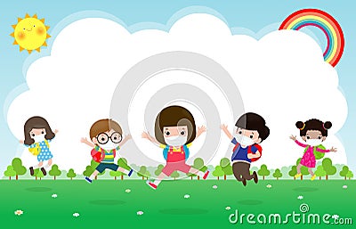 Back to school for new normal lifestyle concept. happy kids wearing face mask and social distancing protect coronavirus covid 19 Vector Illustration