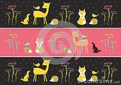 Colorful forest animal natural repeating pattern with brown and pink background with dots. Wild forest animal with flowers, twigs. Vector Illustration