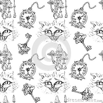 Alice in Wonderland cute clock and Cheshire cat monochrome sketch objects set seamless pattern Stock Photo