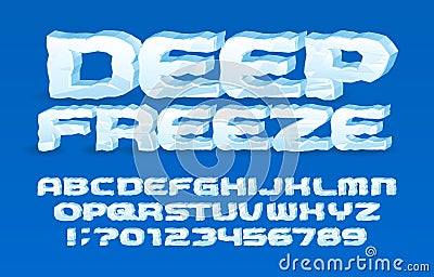 Deep Freeze alphabet font. 3D cartoon ice letters and numbers. Vector Illustration