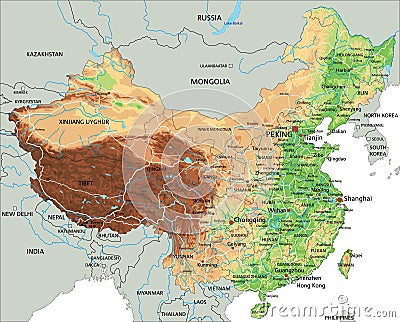 High detailed China physical map with labeling. Vector Illustration